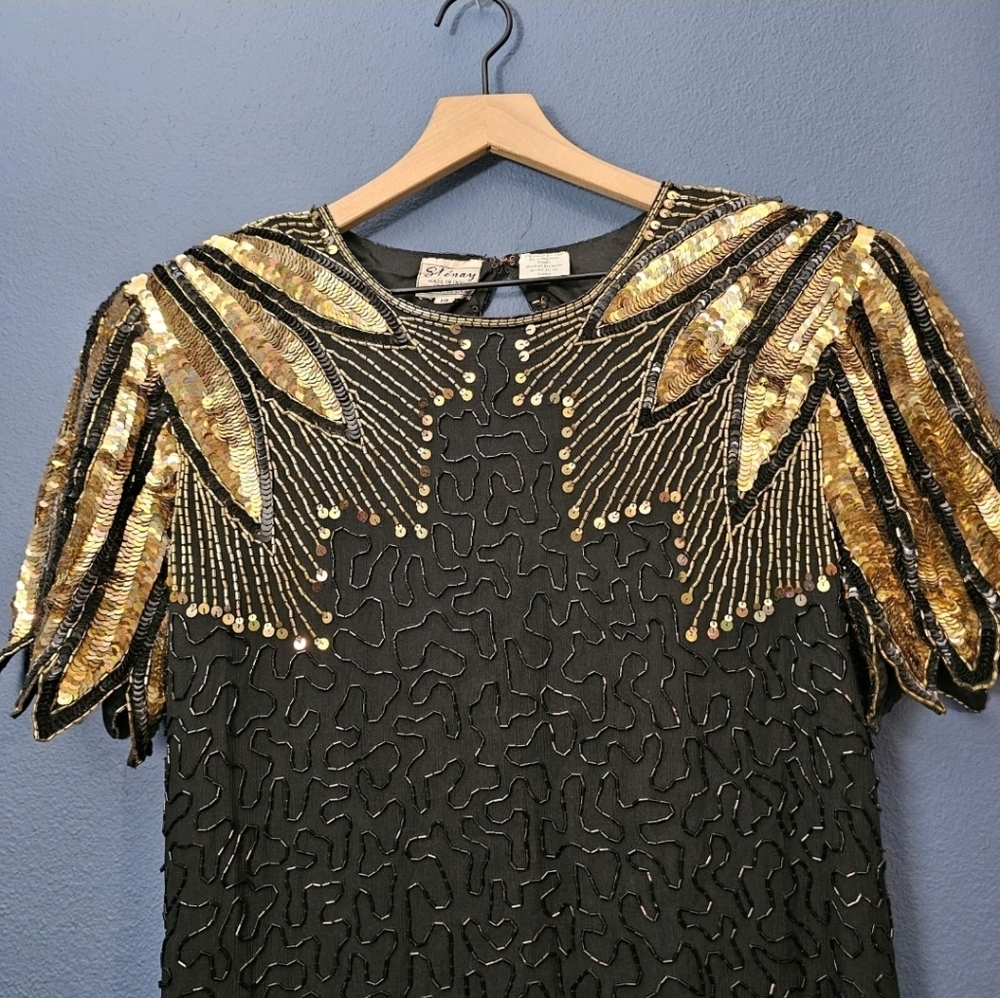 Vintage Black Dress with Gold Sequin Shoulder Detail - Picture 4 of 12